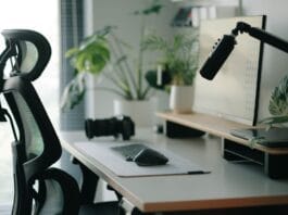 Zdrowy kręgosłup na co dzień: ergonomia przy biurku, w domu i w samochodzie Ergonomiczne domowe biuro z fotelem, biurkiem, roślinami i laptopem