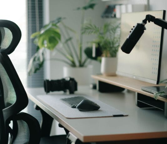 Zdrowy kręgosłup na co dzień: ergonomia przy biurku, w domu i w samochodzie Ergonomiczne domowe biuro z fotelem, biurkiem, roślinami i laptopem